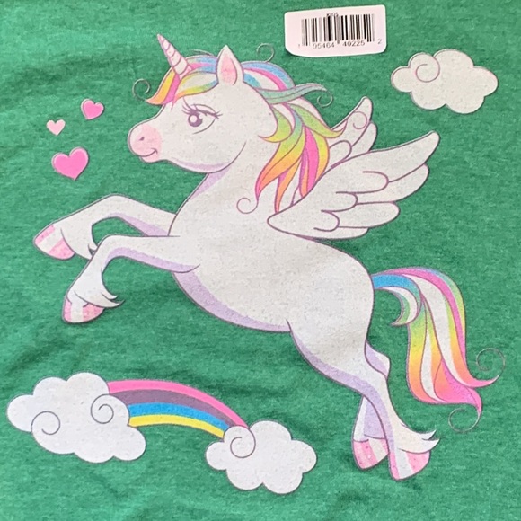 Green Unicorn Rainbow Top Kids Medium M Anvil Green T-shirt Short Sleeve New - Picture 3 of 5